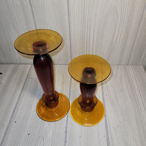 Vtg MCM Large Amber Glass Candle Holders Set Of 2 Retro Boho Victorian - Picture 2 of 5